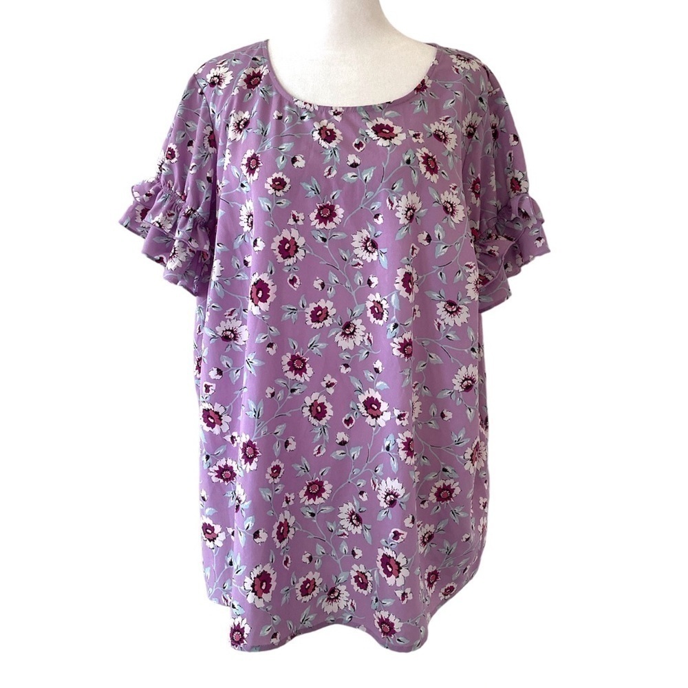Lane Bryant 18 top short sleeves purple floral ruffles feminine